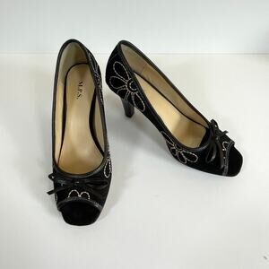 M.P.S Flower Power Peep Toe Heels Size 6 Women's Black With Bowtie Accent